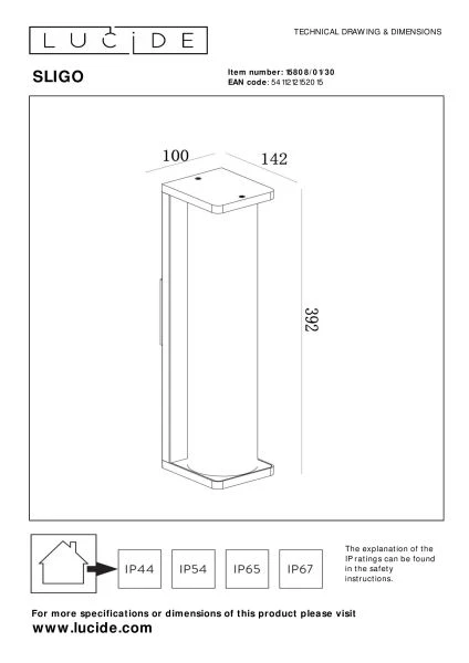 Lucide SLIGO - Wandlamp Binnen/Buiten - 1xE27 - IP54 - Zwart - technisch